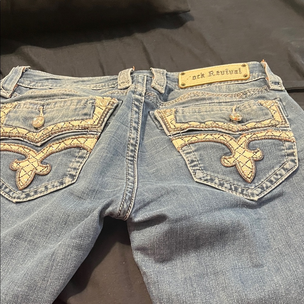 Rock Revival Women's Blue Boot Cut Jeans with Tan Embroidery